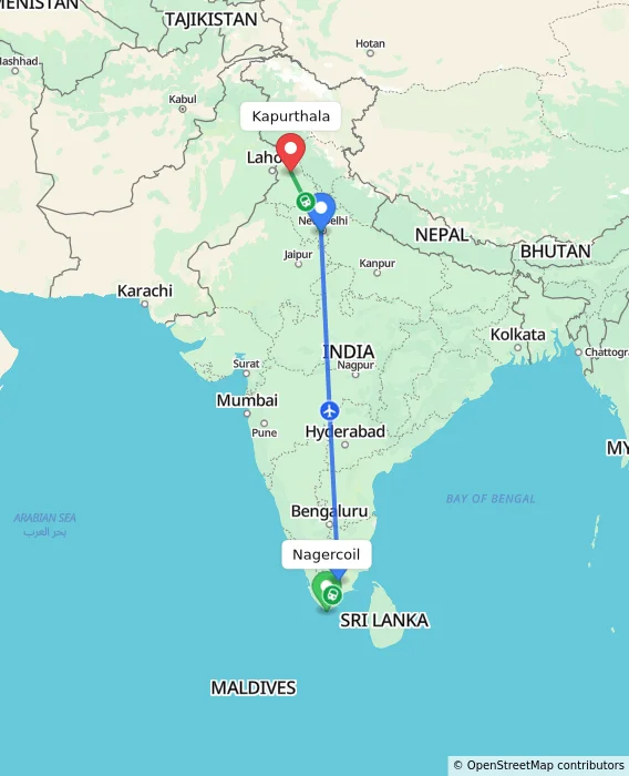 Route map showing distance and travel time from Nagercoil, India to Kapurthala, India