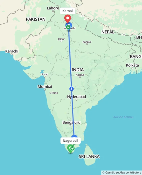 Route map showing distance and travel time from Nagercoil, India to Karnal, India
