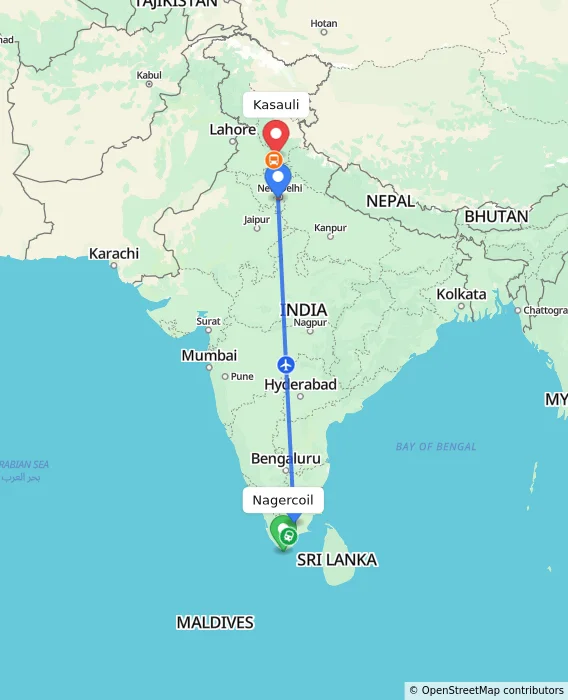 Route map showing distance and travel time from Nagercoil, India to Kasauli, India