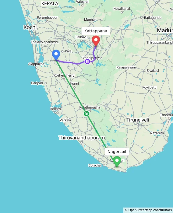 Route map showing distance and travel time from Nagercoil, India to Kattappana, India