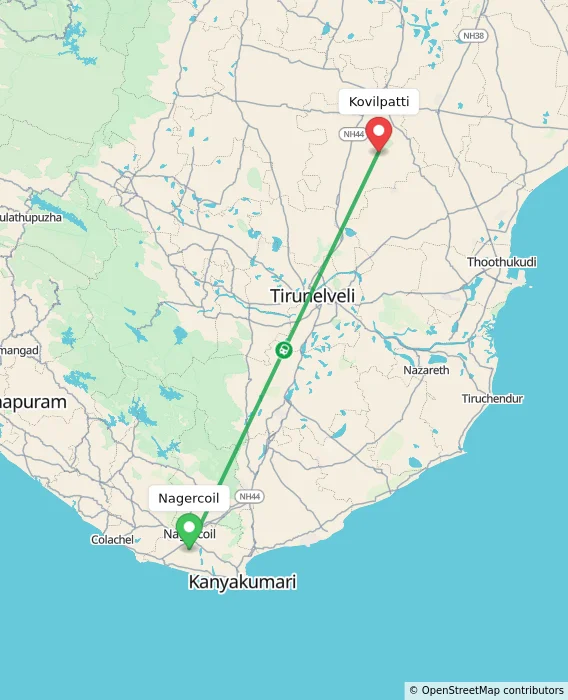 Route map showing distance and travel time from Nagercoil, India to Kovilpatti, India