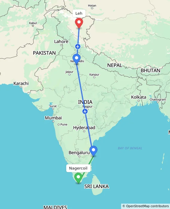 Route map showing distance and travel time from Nagercoil, India to Leh, India