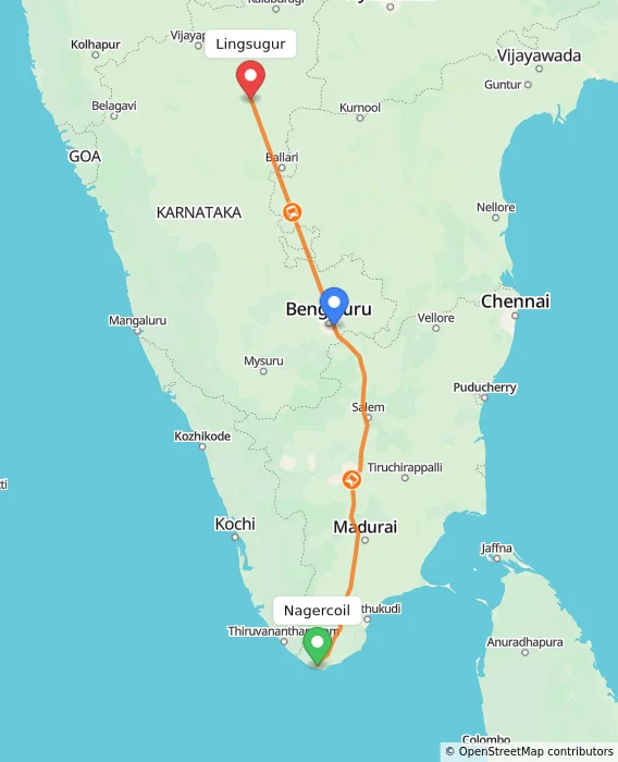 Route map showing distance and travel time from Nagercoil, India to Lingsugur, India