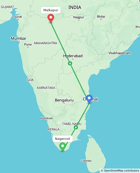 Route map showing distance and travel time from Nagercoil, India to Malkapur, India