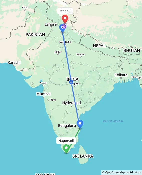 Route map showing distance and travel time from Nagercoil, India to Manali, India