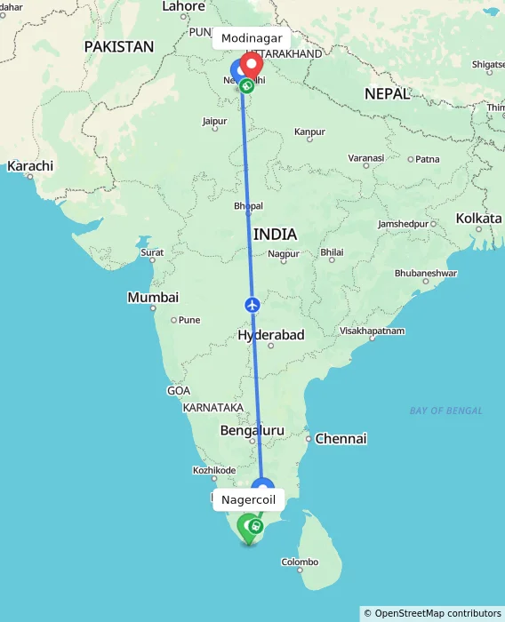 Route map showing distance and travel time from Nagercoil, India to Modinagar, India