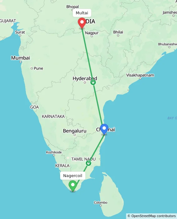 Route map showing distance and travel time from Nagercoil, India to Multai, India