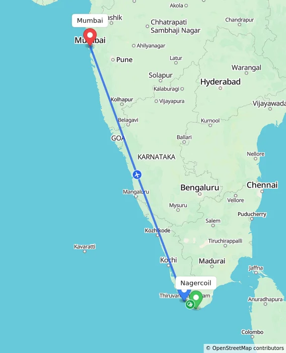 Route map showing distance and travel time from Nagercoil, India to Mumbai, India