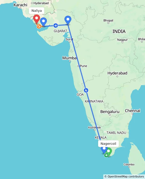 Route map showing distance and travel time from Nagercoil, India to Naliya, India