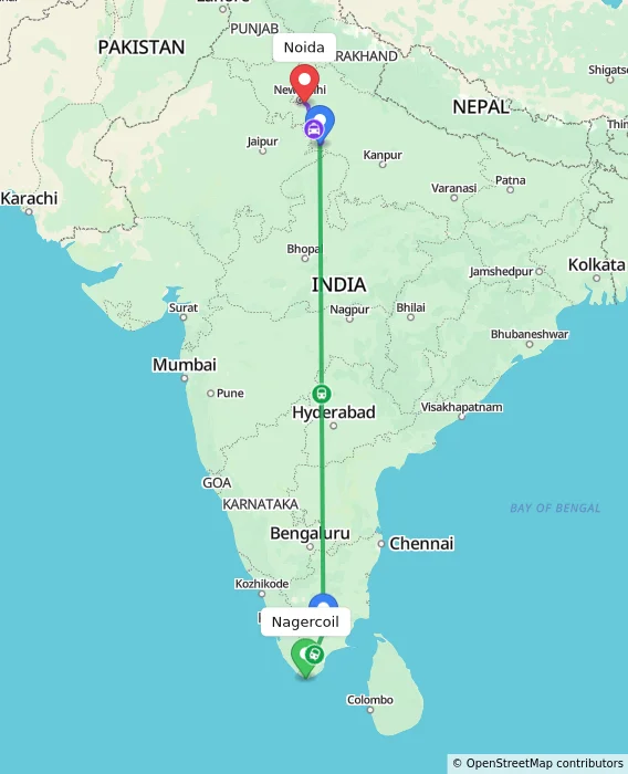 Route map showing distance and travel time from Nagercoil, India to Noida, India