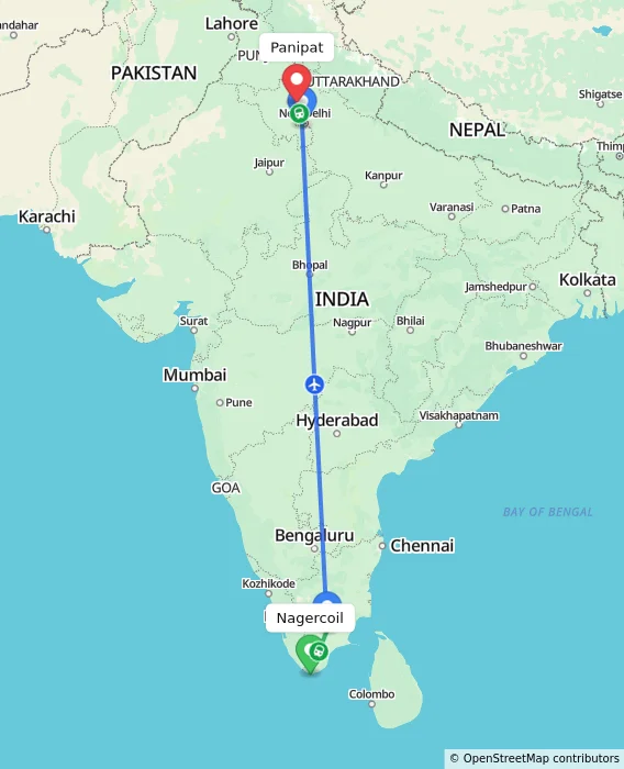 Route map showing distance and travel time from Nagercoil, India to Panipat, India