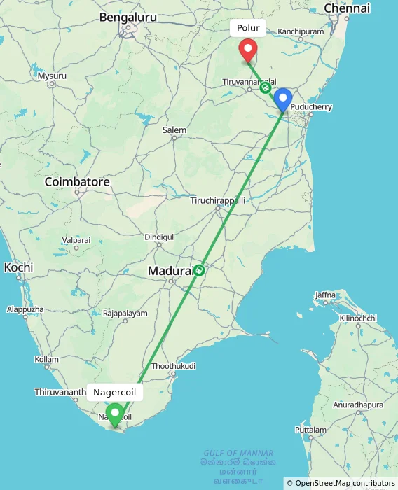 Route map showing distance and travel time from Nagercoil, India to Polur, India