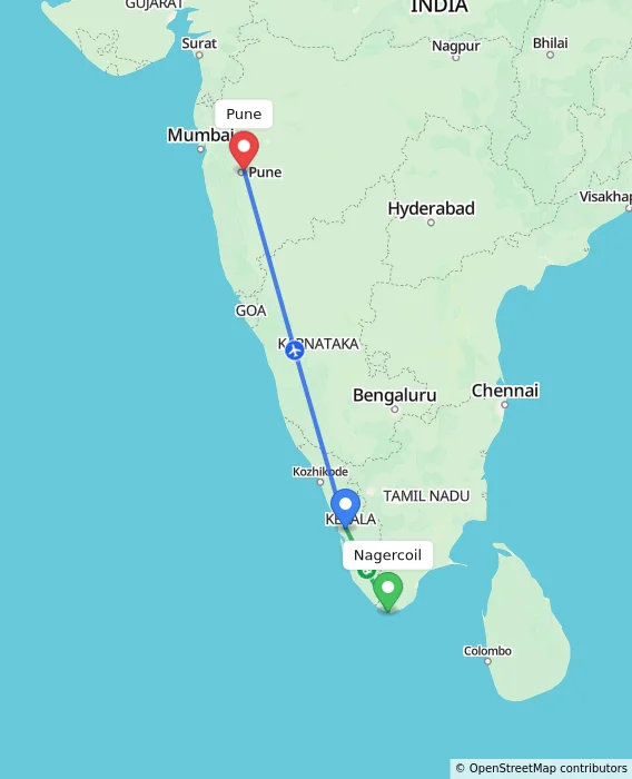 Route map showing distance and travel time from Nagercoil, India to Pune, India