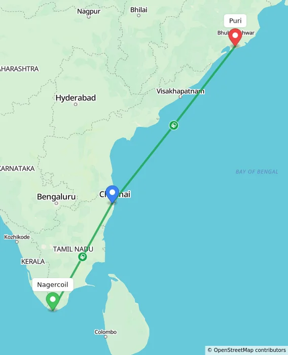 Route map showing distance and travel time from Nagercoil, India to Puri, India