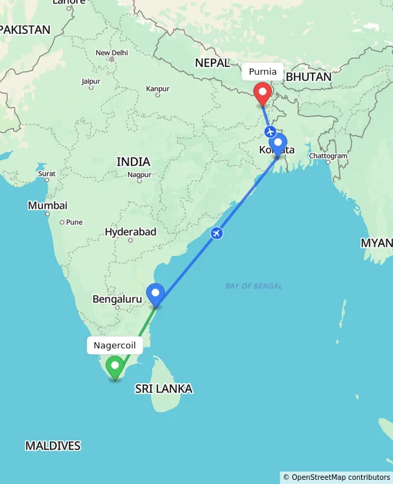 Route map showing distance and travel time from Nagercoil, India to Purnia, India