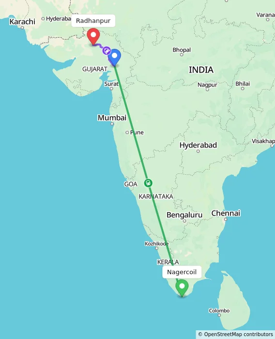 Route map showing distance and travel time from Nagercoil, India to Radhanpur, India