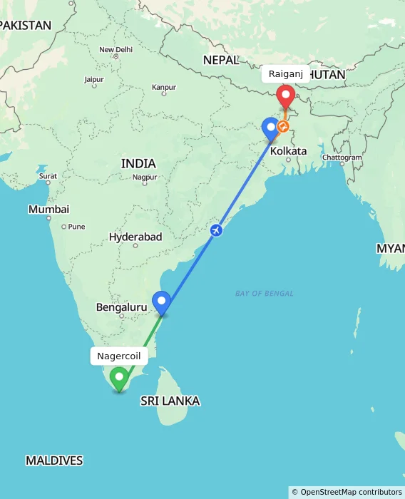 Route map showing distance and travel time from Nagercoil, India to Raiganj, India