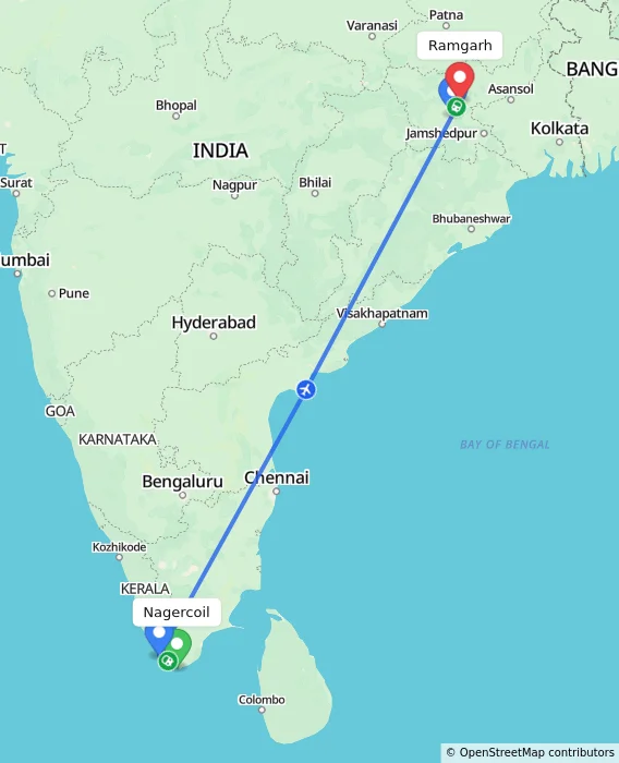 Route map showing distance and travel time from Nagercoil, India to Ramgarh, India