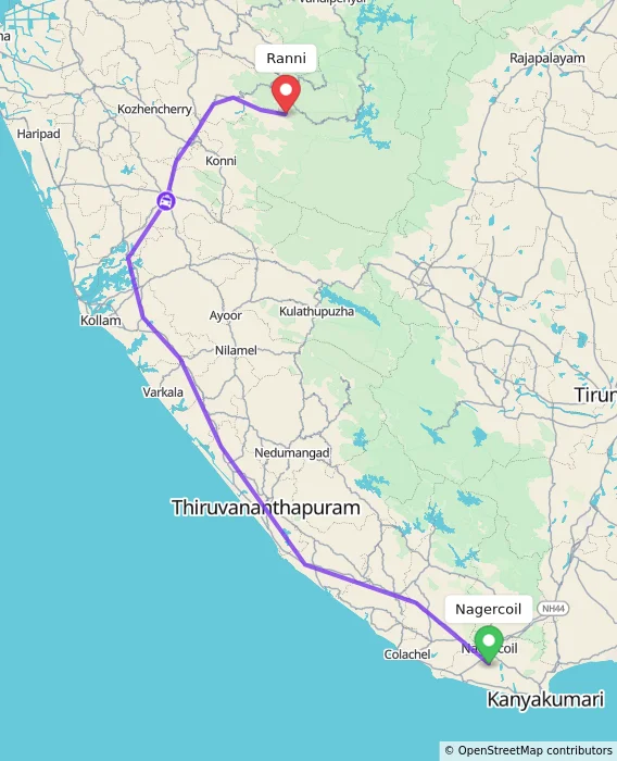 Route map showing distance and travel time from Nagercoil, India to Ranni, India
