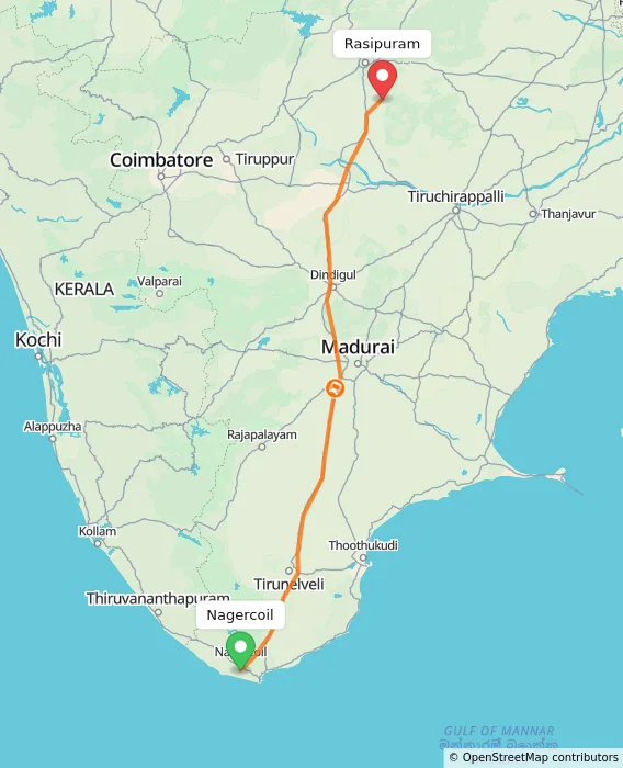 Route map showing distance and travel time from Nagercoil, India to Rasipuram, India