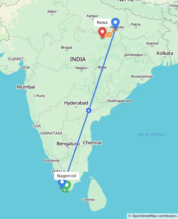 Route map showing distance and travel time from Nagercoil, India to Rewa, India
