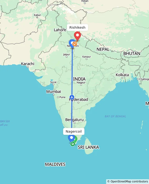 Route map showing distance and travel time from Nagercoil, India to Rishikesh, India