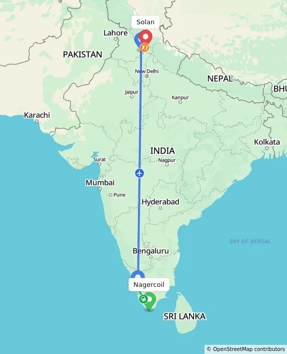 Route map showing distance and travel time from Nagercoil, India to Solan, India