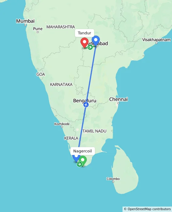 Route map showing distance and travel time from Nagercoil, India to Tandur, India