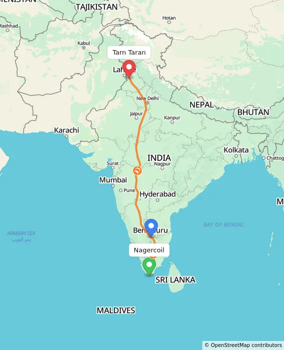 Route map showing distance and travel time from Nagercoil, India to Tarn Taran, India
