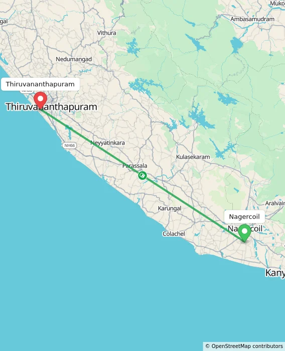 Route map showing distance and travel time from Nagercoil, India to Thiruvananthapuram, India