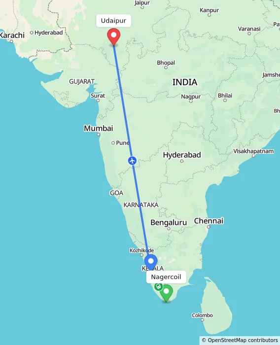 Route map showing distance and travel time from Nagercoil, India to Udaipur, India