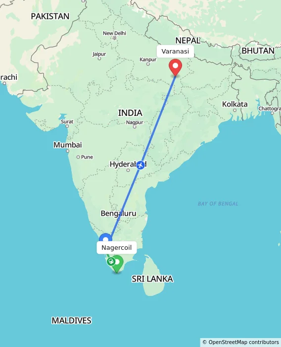 Route map showing distance and travel time from Nagercoil, India to Varanasi, India