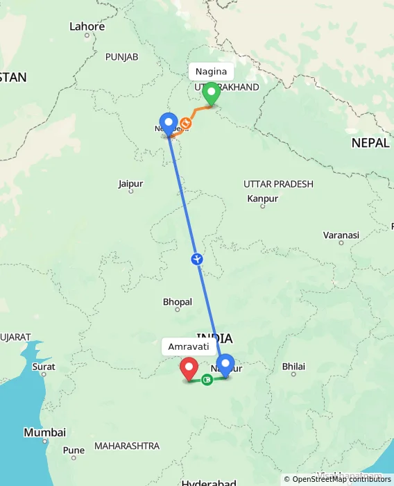 Route map showing distance and travel time from Nagina, India to Amravati, India