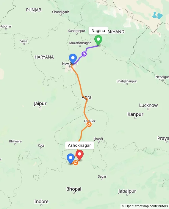 Route map showing distance and travel time from Nagina, India to Ashoknagar, India