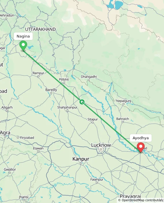 Route map showing distance and travel time from Nagina, India to Ayodhya, India