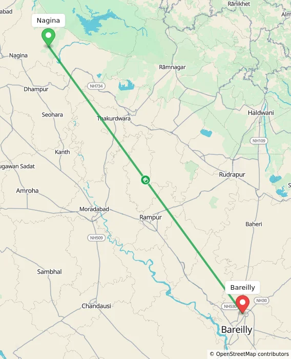 Route map showing distance and travel time from Nagina, India to Bareilly, India