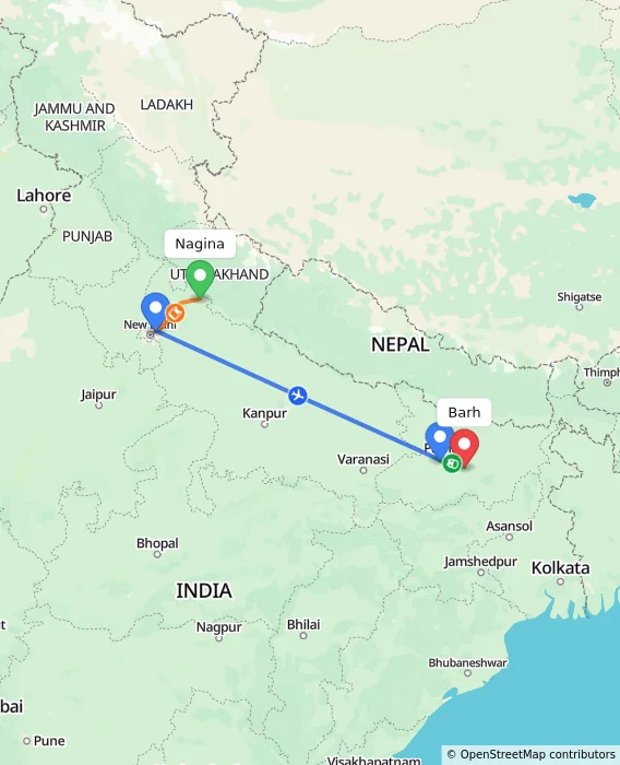Route map showing distance and travel time from Nagina, India to Barh, India