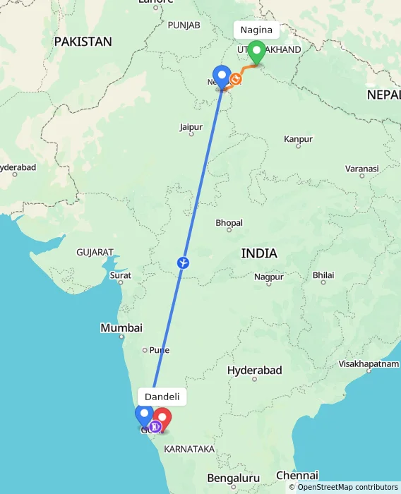 Route map showing distance and travel time from Nagina, India to Dandeli, India