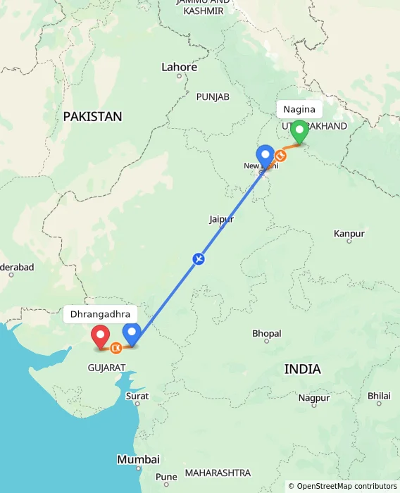 Route map showing distance and travel time from Nagina, India to Dhrangadhra, India