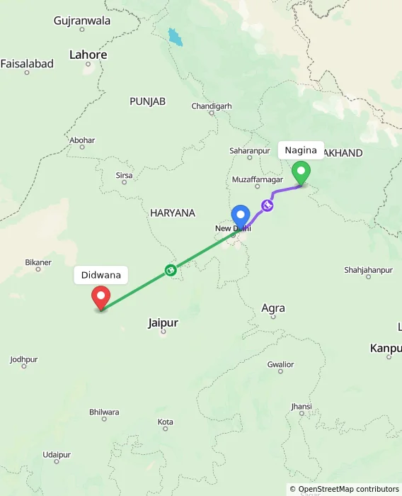 Route map showing distance and travel time from Nagina, India to Didwana, India