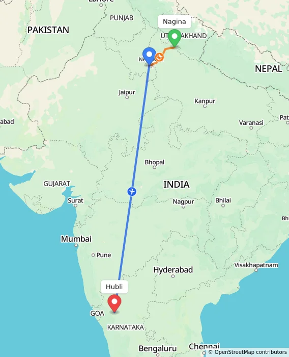 Route map showing distance and travel time from Nagina, India to Hubli, India