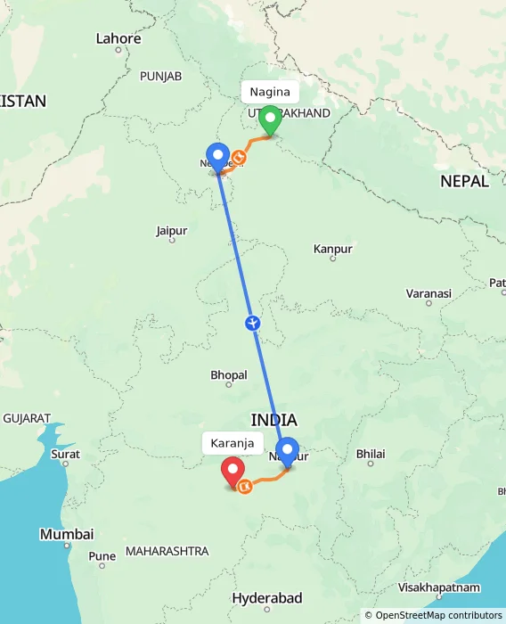 Route map showing distance and travel time from Nagina, India to Karanja, India