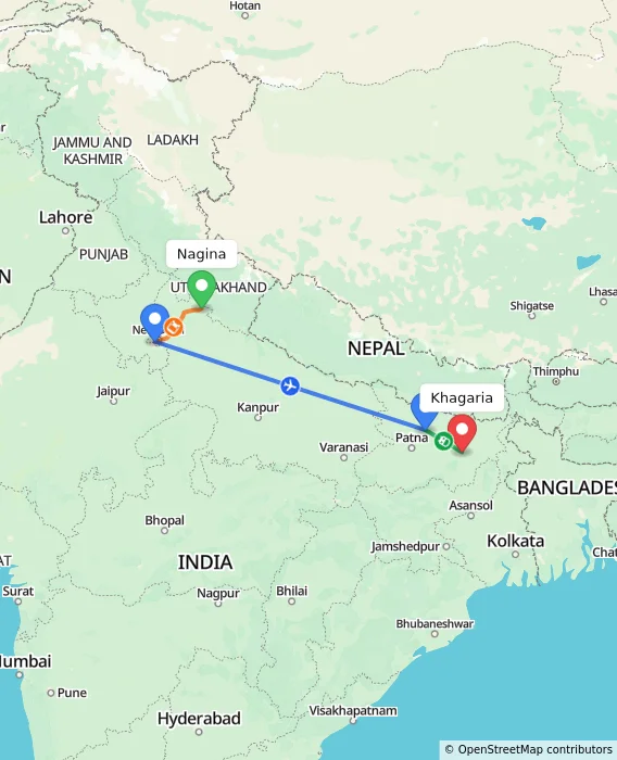 Route map showing distance and travel time from Nagina, India to Khagaria, India