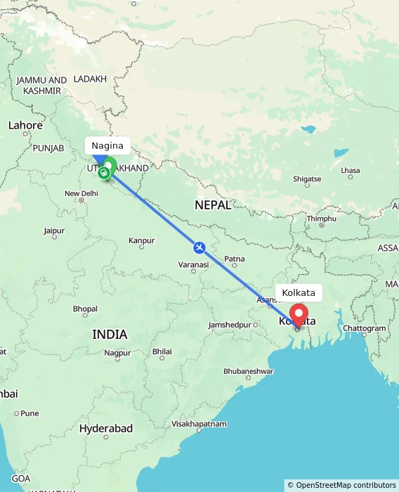 Route map showing distance and travel time from Nagina, India to Kolkata, India