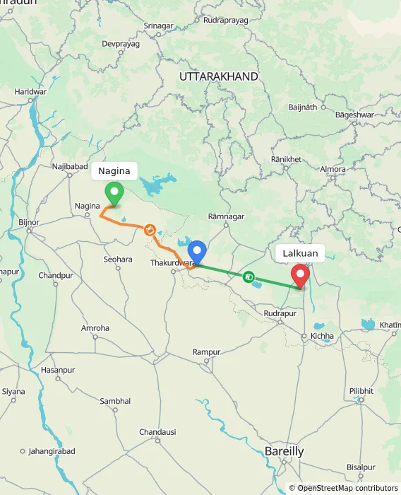 Route map showing distance and travel time from Nagina, India to Lalkuan, India