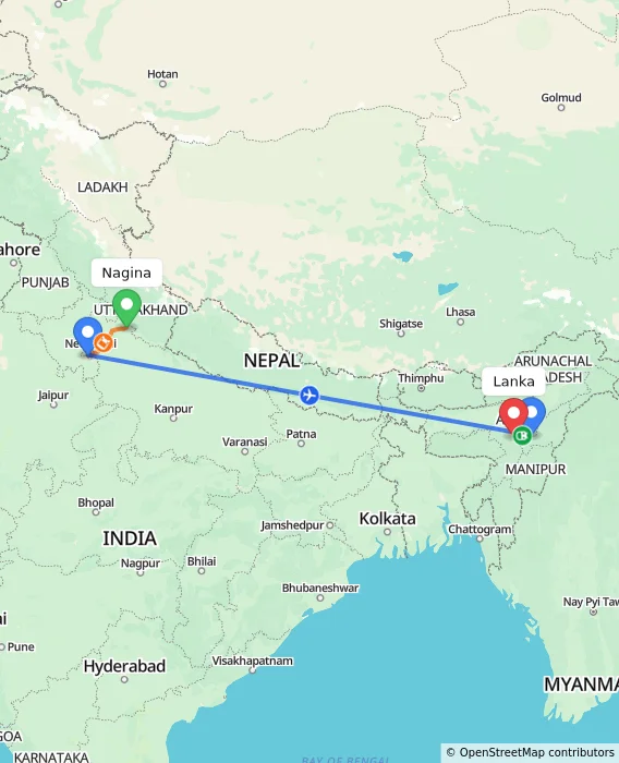 Route map showing distance and travel time from Nagina, India to Lanka, India
