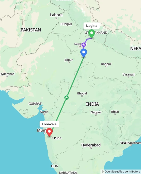 Route map showing distance and travel time from Nagina, India to Lonavala, India