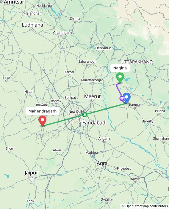 Route map showing distance and travel time from Nagina, India to Mahendragarh, India
