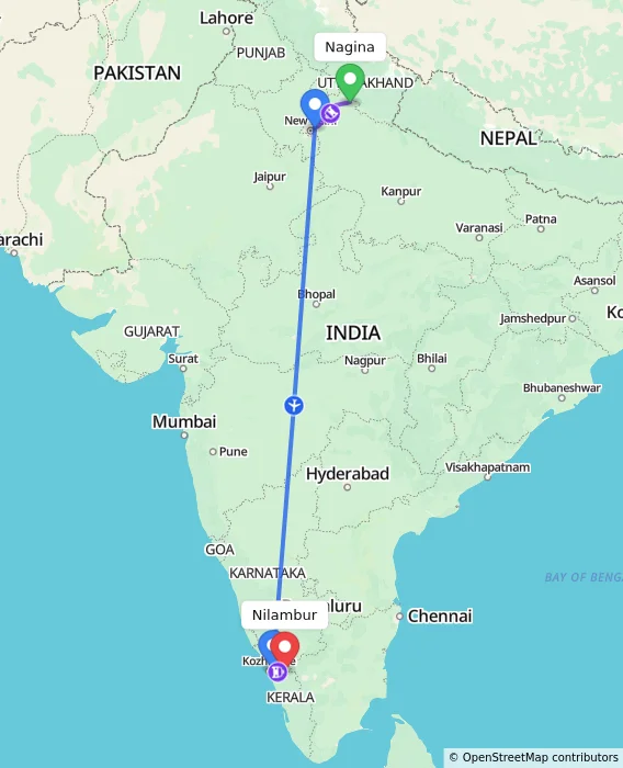 Route map showing distance and travel time from Nagina, India to Nilambur, India