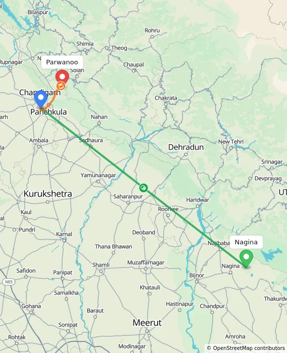 Route map showing distance and travel time from Nagina, India to Parwanoo, India